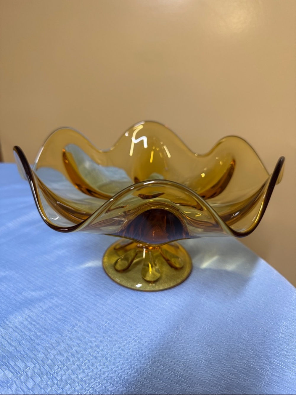 Viking Epic Glass Amber 6 Petal Footed Pedestal Compote Dish Pedestal Bowl 10”